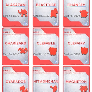 Op de afbeelding: Negen Pokémon-verzamelkaarten met rode randen, elk met de naam van een Pokémon, een holografische placeholder en een kaartnummer. De kaarten zijn uit de Base 2-serie en tonen personages zoals Chansey.