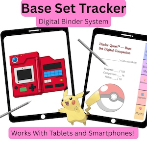 May include: Digital binder system with the text "Base Set Tracker." The image shows two tablets with a red digital device and a Pikachu character. The text "Works With Tablets and Smartphones!" is also visible.