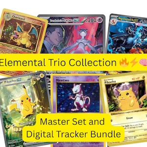 May include: A collection of Pokémon trading cards featuring Charizard, Pikachu, and Mewtwo. The cards are displayed with the text "Elemental Trio Collection" and "Master Set and Digital Tracker Bundle" on a white background.