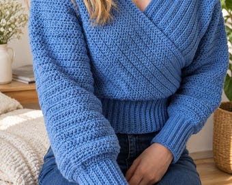 Crochet Sweater Pattern Women | Wrap Top PDF | V Neck Pullover | Ribbed Long Sleeve Blouse | Balletcore Instant Download