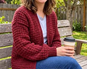 Crochet Cardigan Pattern Women | Textured Open Front Sweater | Slouchy Waffle Stitch Cardigan | Cozy Winter Coat Instant Download