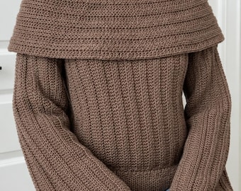 Crochet Sweater Pattern Women | Off Shoulder Pullover PDF | Fold Over Collar Knit Look Jumper | Ribbed Winter Instant Download