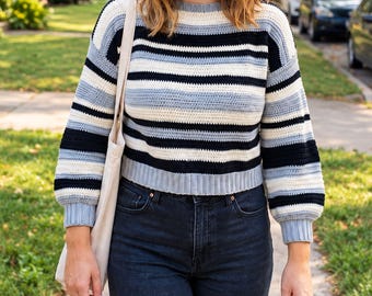 Crochet Sweater Pattern Women | Striped Pullover PDF | Cropped Balloon Sleeve Jumper | Casual Crew Neck Top | Winter Instant Download