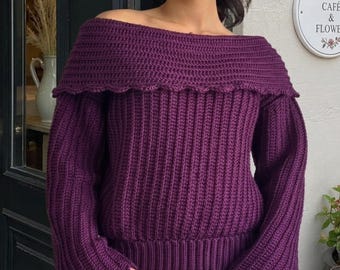 Crochet Off Shoulder Sweater Pattern PDF, Ribbed Bell Sleeve Pullover