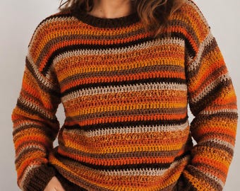 Crochet Sweater Pattern PDF | Striped Retro Pullover | Oversized Fall Jumper | Cozy Autumn Crochet Top | Beginner Instant Download