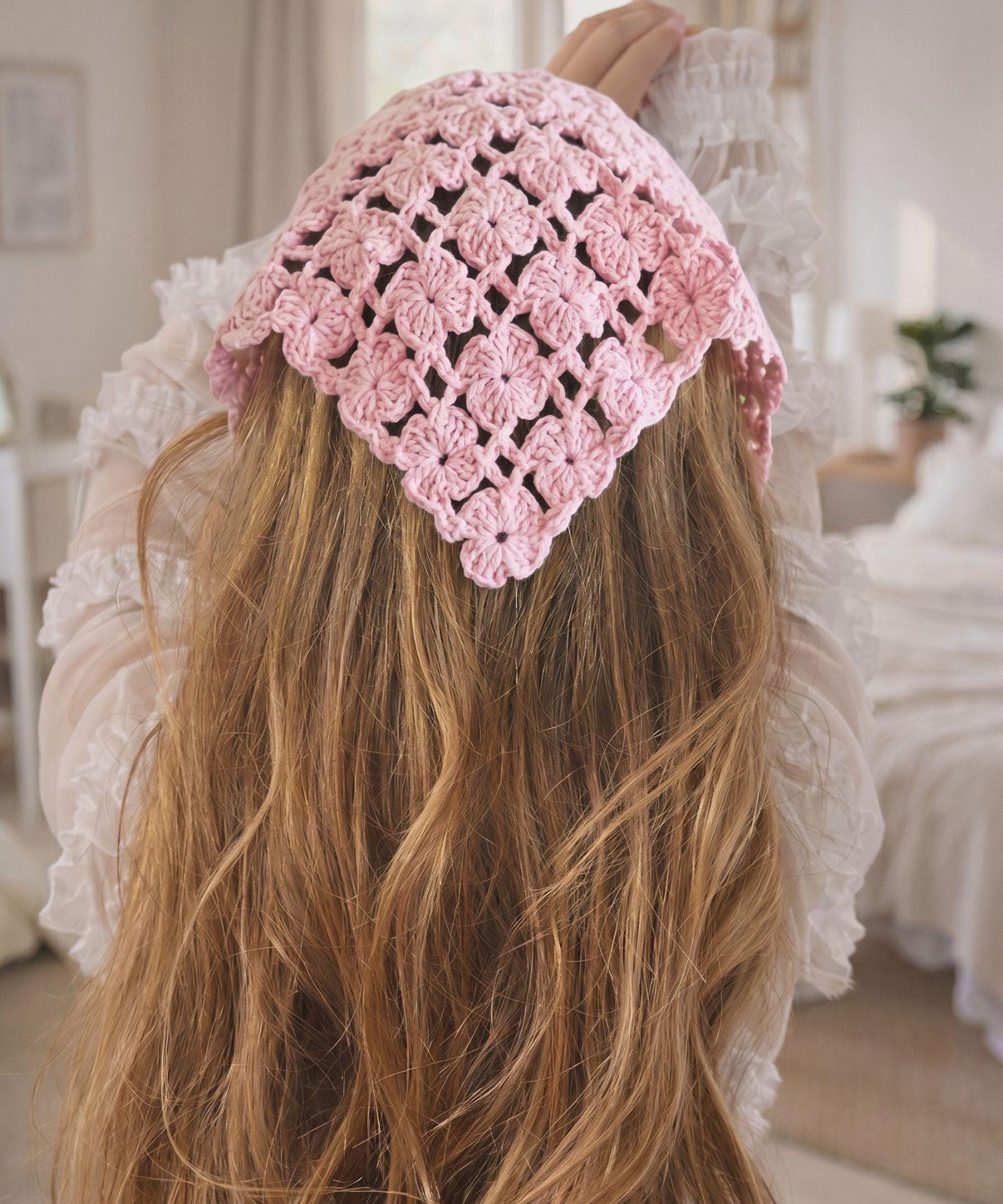 30 Head Scarf Crochet Patterns for Bandanas, Kerchiefs, and Stylish Wraps 27 Flower Lace Triangle Head Scarf Crochet Pattern