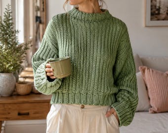 Crochet Ribbed Sweater Pattern PDF, Crew Neck Pullover, Oversized Cropped Jumper, Long Sleeve Knit Look Crochet Pattern for Women