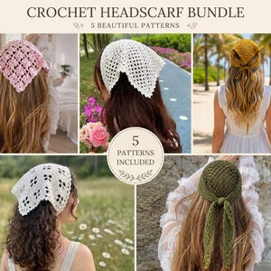 May include: A crochet headscarf bundle featuring five distinct patterns. The collection includes a light pink floral design, a white open-weave style, a mustard yellow tie-back scarf, a white clover-like pattern, and a dark olive green tie-back scarf.