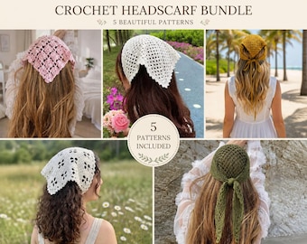 Pacchetto di modelli PDF per bandana all'uncinetto / 5 modelli di foulard boho / Fascia per capelli estiva all'uncinetto / Download immediato