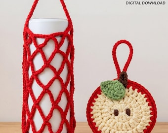 Modello per portabevande all'uncinetto a forma di mela / Porta borraccia / Modello facile per principianti all'uncinetto / Portabicchiere kawaii / Portachiavi per borsa / Regalo riutilizzabile