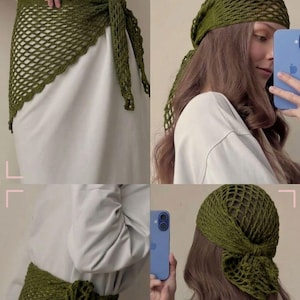 May include: Olive green crochet skirt and headscarf set. The skirt features a net-like design with a scalloped edge and tie closure. The headscarf is also crocheted in a net pattern, tied at the back.