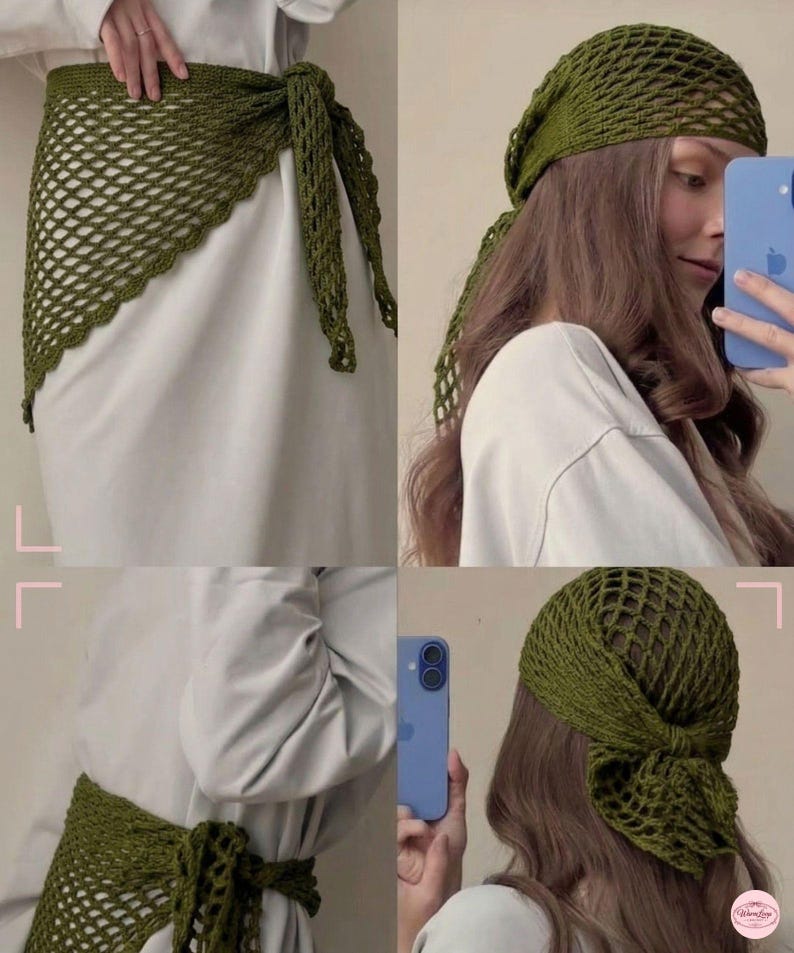 May include: Olive green crochet skirt and headscarf set. The skirt features a net-like design with a scalloped edge and tie closure. The headscarf is also crocheted in a net pattern, tied at the back.