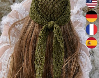 Crochet Bandana Pattern PDF | Mesh Boho Headscarf | 4 Languages En De Fr Es | Summer Hair Scarf Head Wrap Instant Download