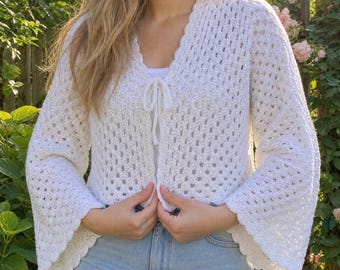 Modello PDF per cardigan corto all'uncinetto / Maglione estivo con maniche a campana e motivo quadrato stile nonna / Modello facile per top boho all'uncinetto da donna