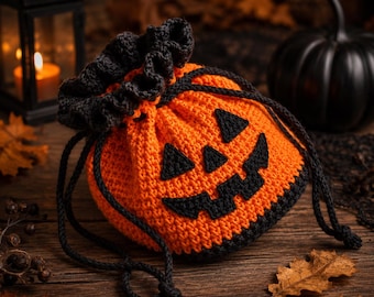 Crochet Pumpkin Drawstring Bag Pattern PDF, Jack-O’-Lantern Halloween Project Pouch