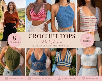 Crochet Top Pattern Bundle PDF | 8 Summer Crop Tops | Halter Bralette Tank Wrap | Easy Beginner Boho Beach Instant Download