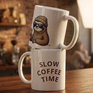 Caneca branca brilhante, hora do café sem pressa. PREGUIÇA
