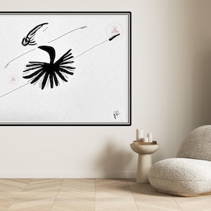 May include: Black and white ink drawing of a ballerina in motion. The artwork features a black tutu and a dynamic pose, with delicate lines suggesting movement. The artwork is framed in a black frame.