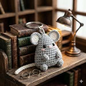 Può includere: Un portachiavi a forma di topo grigio all'uncinetto con coda bianca, guance rosa e occhi neri. Il topo ha grandi orecchie rotonde con l'interno bianco. Il portachiavi è appoggiato su una mensola di legno con libri antichi e una piccola lampada.
