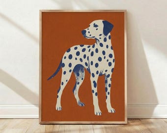 Dalmatian Dog, Home Wall Decor, Art Print, Poster, Minimalist Animal, Retro Terracotta Blue Illustration