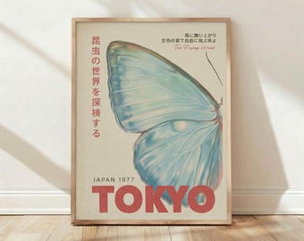 Tokyo, Japan, 1977, aufgehend, Wind, Blau, Schmetterling, Vintage, Poster, Kunst, Print, Wand, Dekor, Haus