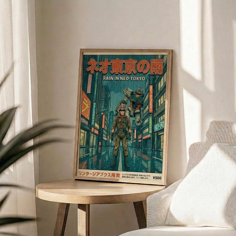 Rain In Neo Tokyo, Gundam-animeprint, retro cyberpunk-mechaposter, muurdecoratie in huis afbeelding 8