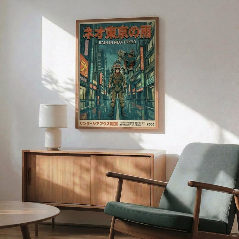 Rain In Neo Tokyo, Gundam-animeprint, retro cyberpunk-mechaposter, muurdecoratie in huis afbeelding 9