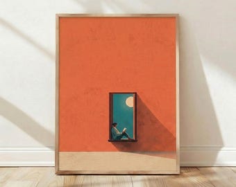 Home Decor, Wall Art, Print, Poster, Minimalist Reading Under Full Moon Orange Illustration Aesthetic