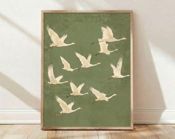 Japanische fliegende Kraniche grün, Wohnkultur, Wand-Kunstdruck, Poster, Vintage Vogel-Illustration
