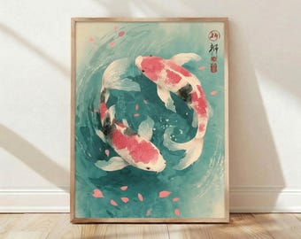 Aquarelle de poissons koi japonais, étang zen, décoration d'intérieur, impression d'art mural, affiche culturelle, esthétique