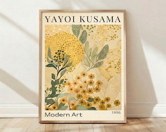 Lámina de Yayoi Kusama, arte mural botánico moderno, póster floral amarillo, arte japonés de los años 90, decoración maximalista de gran formato, regalo para ella.