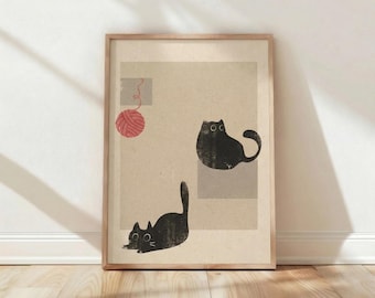 Póster de gato negro, lámina minimalista de gato, arte mural de gato divertido, gato moderno de mediados de siglo, ovillo de lana rosa, decoración de gatito juguetón