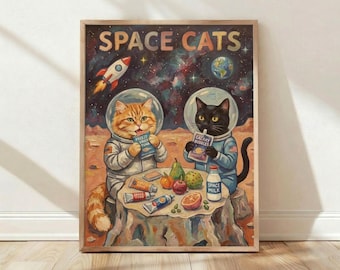 Lámina de gatos espaciales, póster retro vintage, arte mural de gatos astronautas, decoración para habitación infantil/guardería.