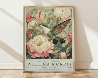 William Morris Exhibition Poster, Hummingbird Peony Print, Vintage Botanical Wall Art, Living Room Decor
