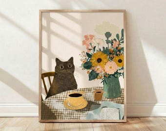 Home Decor, Wand Kunst, Druck, Poster, Schwarze Katze, Kaffee, Sonnenblumen, wunderlich, Illustration, gemütlich, ästhetisch