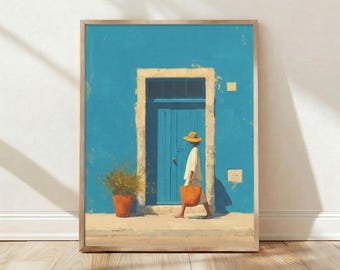 Femme méditerranéenne, porte bleue, été, décoration d'intérieur minimaliste, impression d'art mural, affiche cadeau esthétique