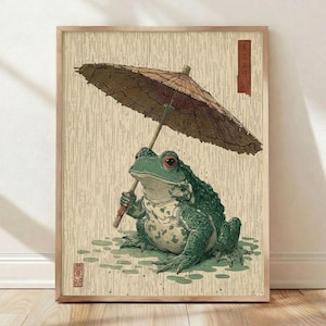 日本のカエルの版画、木版画、アジア風の壁掛けアート、禅庭園の装飾、風変わりな動物のポスター、浮世絵の雨の風景