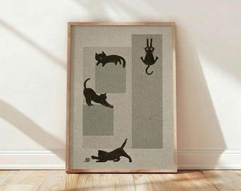 Lámina minimalista de gato, arte de gato negro, póster divertido de gato, arte mural de gato juguetón, decoración de gato original, ilustración moderna de gato, regalo para amantes de los gatos