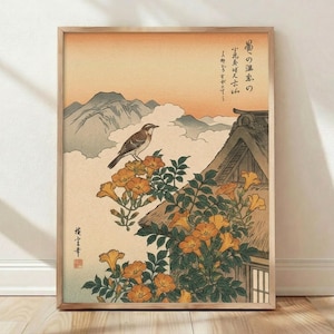 May include: Framed art print featuring a traditional Japanese woodblock print. The artwork depicts a bird perched on a roof with orange flowers, mountains, and Japanese text. The color palette includes shades of orange, brown, and blue.
