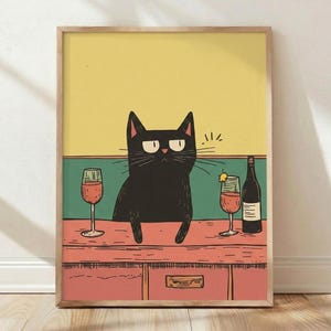 Grumpy Black Cat Wine Bar Retro Poster, Home Decor Wall Art Print, Vintage Illustration