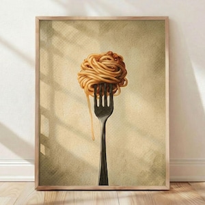 May include: A framed print featuring a close-up of a fork with a large portion of spaghetti. The pasta is twirled and topped with sauce. The fork is black, and the background is a neutral beige with a subtle pattern.