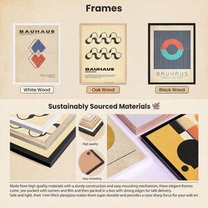 Product showcase image displaying three Bauhaus-style art prints in different wooden frame options - white wood, oak wood, and black wood frames. Below shows detailed views of the frame construction materials, highlighting high-quality wood corners and easy mounting mechanisms. The frames feature clean lines with protective plexiglass and sturdy construction for wall display.