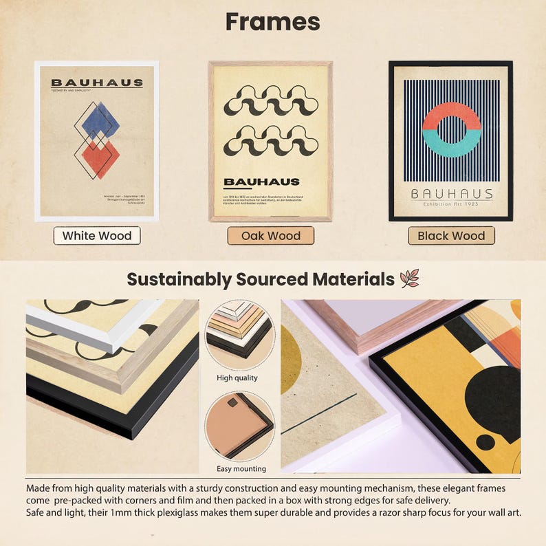 Product showcase image displaying three Bauhaus-style art prints in different wooden frame options - white wood, oak wood, and black wood frames. Below shows detailed views of the frame construction materials, highlighting high-quality wood corners and easy mounting mechanisms. The frames feature clean lines with protective plexiglass and sturdy construction for wall display.