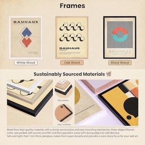 Product showcase displaying three framed Bauhaus-style art prints in different wood frame options - white, oak, and black wood frames. Below shows detailed images of the frame construction materials including layered wood corners and mounting hardware. The frames feature clean lines with 1mm thick plexiglass and are made from sustainably sourced materials with easy mounting mechanisms for wall display.