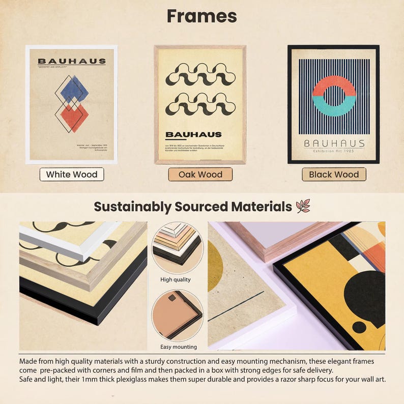 Product showcase displaying three framed Bauhaus-style art prints in different wood frame options - white, oak, and black wood frames. Below shows detailed images of the frame construction materials including layered wood corners and mounting hardware. The frames feature clean lines with 1mm thick plexiglass and are made from sustainably sourced materials with easy mounting mechanisms for wall display.