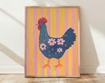 Blue Hen Floral Chicken Folk Illustration, Home Decor, Wall Art Print Poster Kitchen Gift