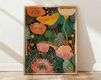 Lámina botánica de mediados de siglo, póster floral retro, arte mural de arte popular, decoración para sala de estar