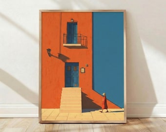 Décoration d'intérieur, Art mural, Poster, Impression, Bâtiment orange minimaliste, Porte bleue, Scène de rue, Esthétique
