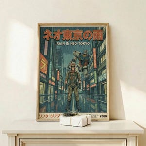 Rain In Neo Tokyo, Gundam-animeprint, retro cyberpunk-mechaposter, muurdecoratie in huis afbeelding 7