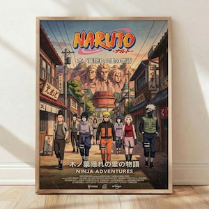 May include: A framed poster for the anime series "Naruto." The image shows a group of characters walking in a Japanese village. The title "Naruto" is at the top, with Japanese text below. The poster has a vintage, illustrated style, with a wooden frame.